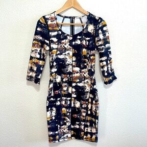 Rachel Roy Woman Art Deco Pattern Textile Long Zipper Sleeve Dress Size M